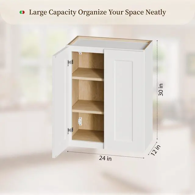 Alt view image 5 of 5 - White Shaker Solid Wood Wall Cabinet with Soft-Close Doors, Adjustable Shelves - 24" Double Door Storage for Kitchen, Bathroom, Laundry, Garage (Easy Assembly, 24"W x 12"D x 30"H)