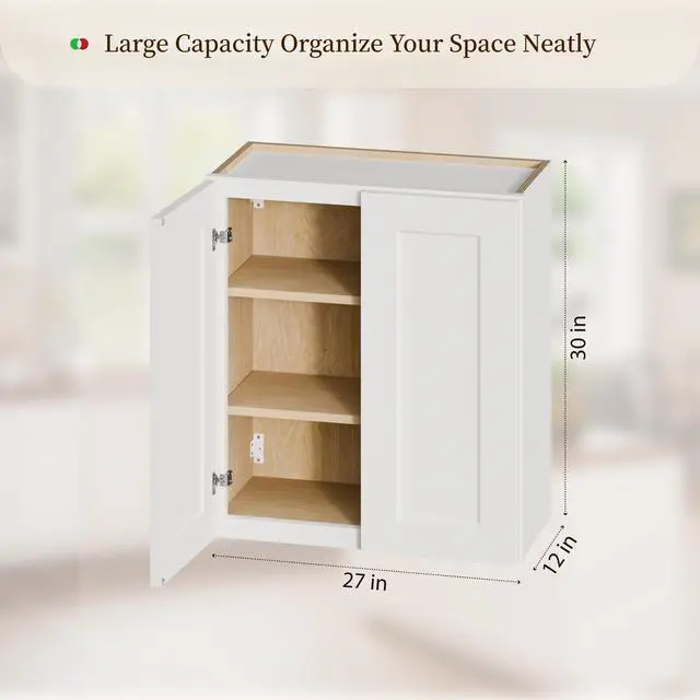 Alt view image 5 of 7 - White Shaker Solid Wood Wall Cabinet with Soft-Close Doors, Adjustable Shelves - 27" Double Door Storage for Kitchen, Bathroom, Laundry, Garage (Easy Assembly, 27"W x 12"D x 30"H)