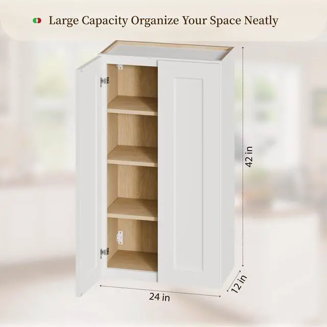 Alt view image 4 of 5 - White Shaker Solid Wood Wall Cabinet with Soft-Close Doors, Adjustable Shelves - 24" Double Door Storage for Kitchen, Bathroom, Laundry, Garage (Easy Assembly, 24"W x 12"D x 42"H)