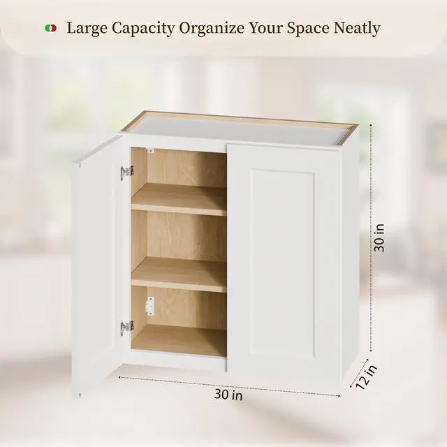 Alt view image 5 of 7 - White Shaker Solid Wood Wall Cabinet with Soft-Close Doors, Adjustable Shelves - 30" Double Door Storage for Kitchen, Bathroom, Laundry, Garage (Easy Assembly, 30"W x 12"D x 30"H)