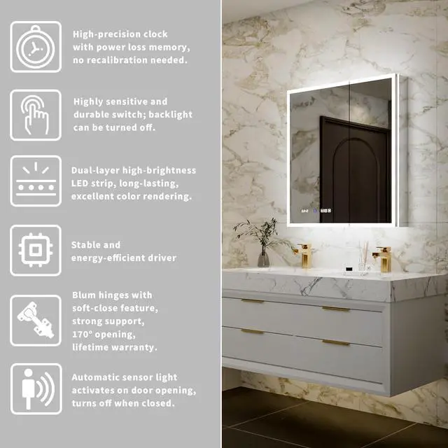 Alt view image 2 of 7 - 30*32 inch Smart LED Medicine Cabinet with GFCI Outlet & Blum Hinges,Front&Backlit ,Buil Built-in High-Power Outlet ,Stepless Dimming & Anti-Fog,Integrated Design,Multifunctional Bathroom Storage