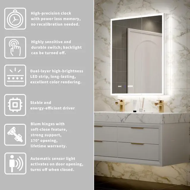 Alt view image 7 of 7 - 30*36 inch Smart LED Medicine Cabinet with GFCI Outlet & Blum Hinges,Front&Backlit ,Buil Built-in High-Power Outlet ,Stepless Dimming & Anti-Fog,Integrated Design,Multifunctional Bathroom Storage