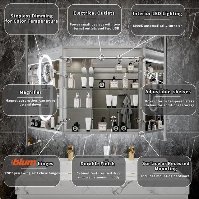 Alt view image 5 of 7 - 30*32 inch Smart LED Medicine Cabinet with GFCI Outlet & Blum Hinges,Front&Backlit ,Buil Built-in High-Power Outlet ,Stepless Dimming & Anti-Fog,Integrated Design,Multifunctional Bathroom Storage