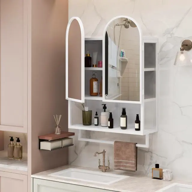 Alt view image 2 of 7 - 23.62" Modern Double-Arched Mirror Cabinet,2 Doors Medicine Cabinet, Metal Wall Cabinet with Adjustable Shelves and Towel Rack, Mirror Cabinet with Storage for Bathroom, Living Room and Bedroom, White