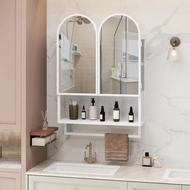 Alt view image 4 of 7 - 23.62" Modern Double-Arched Mirror Cabinet,2 Doors Medicine Cabinet, Metal Wall Cabinet with Adjustable Shelves and Towel Rack, Mirror Cabinet with Storage for Bathroom, Living Room and Bedroom, White