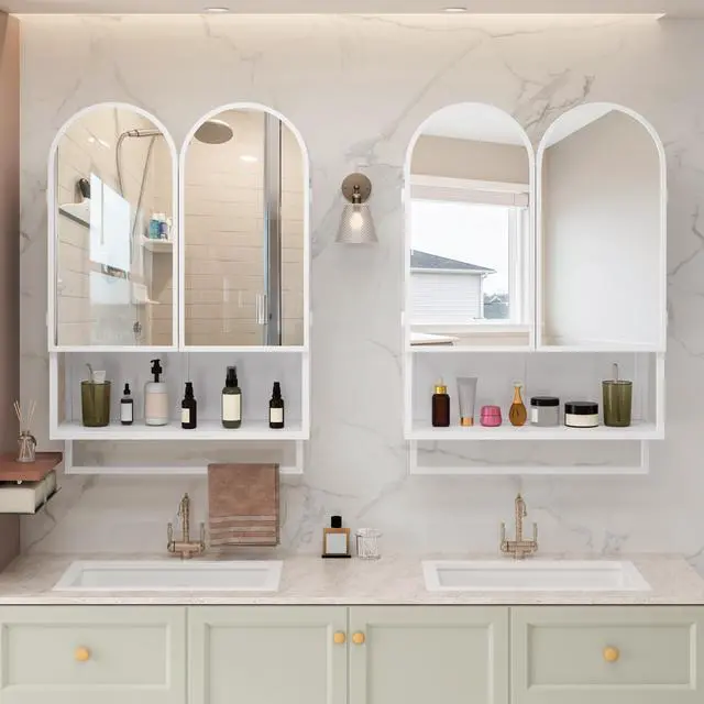 Alt view image 7 of 7 - 23.62" Modern Double-Arched Mirror Cabinet,2 Doors Medicine Cabinet, Metal Wall Cabinet with Adjustable Shelves and Towel Rack, Mirror Cabinet with Storage for Bathroom, Living Room and Bedroom, White