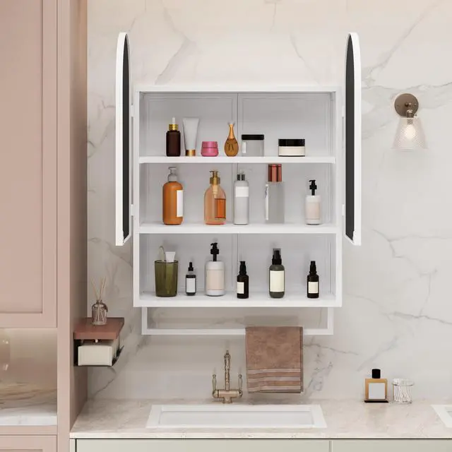 Alt view image 6 of 7 - 23.62" Modern Double-Arched Mirror Cabinet,2 Doors Medicine Cabinet, Metal Wall Cabinet with Adjustable Shelves and Towel Rack, Mirror Cabinet with Storage for Bathroom, Living Room and Bedroom, White