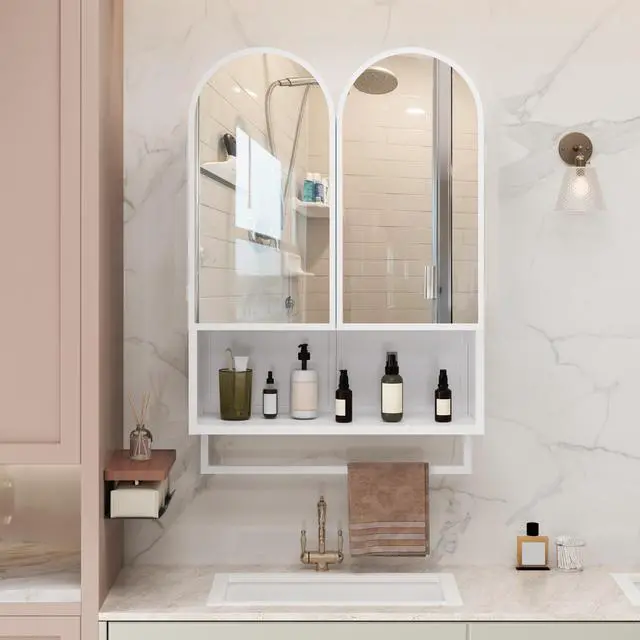 Alt view image 5 of 7 - 23.62" Modern Double-Arched Mirror Cabinet,2 Doors Medicine Cabinet, Metal Wall Cabinet with Adjustable Shelves and Towel Rack, Mirror Cabinet with Storage for Bathroom, Living Room and Bedroom, White