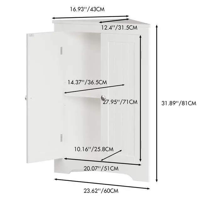 Alt view image 3 of 7 - Floor Corner Cabinet with 2 Doors and Adjustable Shelves, Freestanding Narrow Cabinet Organizer, Corner Storage Cabinets for Bathroom, Kitchen, Living Room, or Bedroom, White