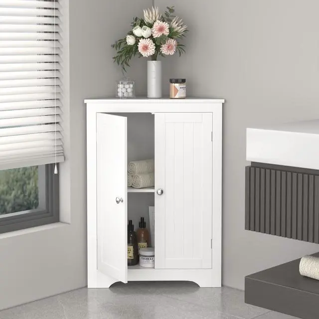 Alt view image 2 of 7 - Floor Corner Cabinet with 2 Doors and Adjustable Shelves, Freestanding Narrow Cabinet Organizer, Corner Storage Cabinets for Bathroom, Kitchen, Living Room, or Bedroom, White