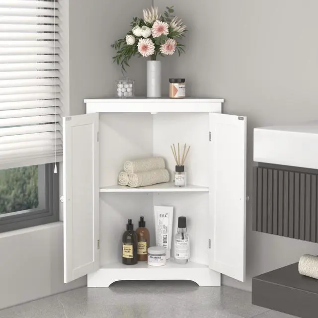 Alt view image 5 of 7 - Floor Corner Cabinet with 2 Doors and Adjustable Shelves, Freestanding Narrow Cabinet Organizer, Corner Storage Cabinets for Bathroom, Kitchen, Living Room, or Bedroom, White