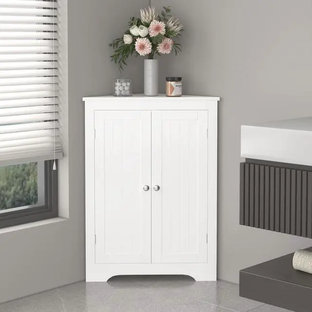 Alt view image 4 of 7 - Floor Corner Cabinet with 2 Doors and Adjustable Shelves, Freestanding Narrow Cabinet Organizer, Corner Storage Cabinets for Bathroom, Kitchen, Living Room, or Bedroom, White