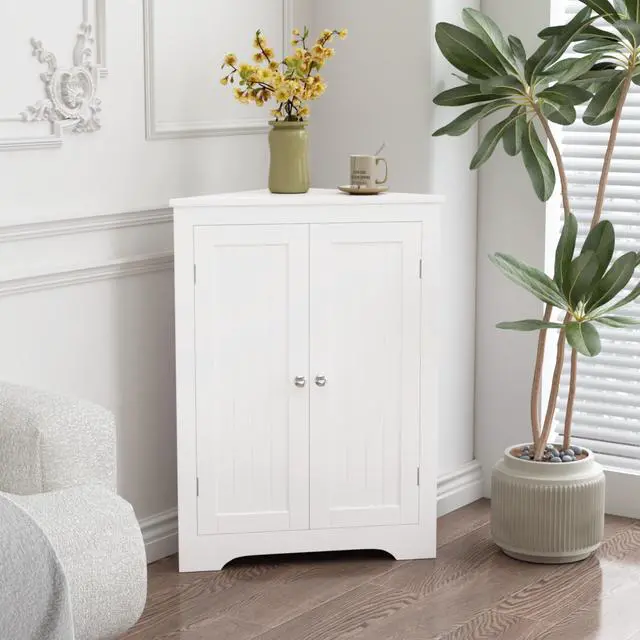 Alt view image 6 of 7 - Floor Corner Cabinet with 2 Doors and Adjustable Shelves, Freestanding Narrow Cabinet Organizer, Corner Storage Cabinets for Bathroom, Kitchen, Living Room, or Bedroom, White