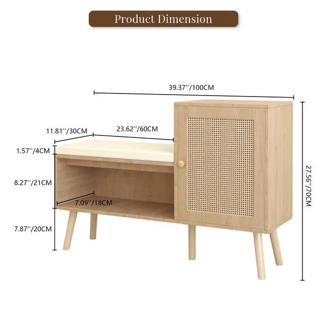 Alt view image 3 of 7 - 2-in-1 Shoe Storage Bench, PP Rattan Shoe Cabinet with 2 Adjustable Shelves and Removable Seat Cushion, Modern Entryway Bench, Shoe Storage Organizer, Shoe Rack for Hallway, Bedroom