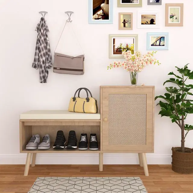 Alt view image 4 of 7 - 2-in-1 Shoe Storage Bench, PP Rattan Shoe Cabinet with 2 Adjustable Shelves and Removable Seat Cushion, Modern Entryway Bench, Shoe Storage Organizer, Shoe Rack for Hallway, Bedroom