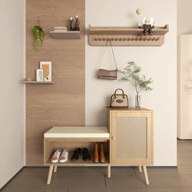 Alt view image 5 of 7 - 2-in-1 Shoe Storage Bench, PP Rattan Shoe Cabinet with 2 Adjustable Shelves and Removable Seat Cushion, Modern Entryway Bench, Shoe Storage Organizer, Shoe Rack for Hallway, Bedroom