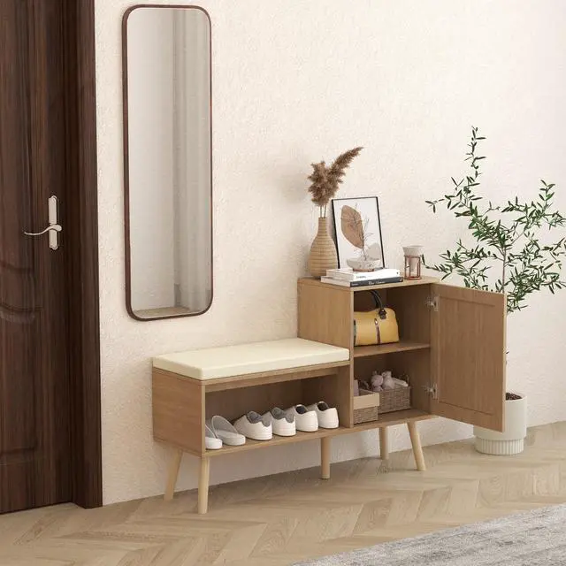 Alt view image 6 of 7 - 2-in-1 Shoe Storage Bench, PP Rattan Shoe Cabinet with 2 Adjustable Shelves and Removable Seat Cushion, Modern Entryway Bench, Shoe Storage Organizer, Shoe Rack for Hallway, Bedroom