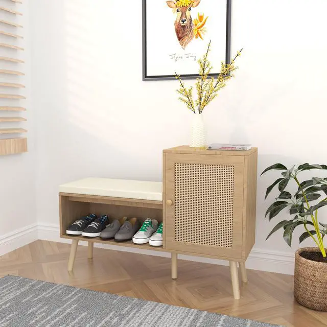 Alt view image 7 of 7 - 2-in-1 Shoe Storage Bench, PP Rattan Shoe Cabinet with 2 Adjustable Shelves and Removable Seat Cushion, Modern Entryway Bench, Shoe Storage Organizer, Shoe Rack for Hallway, Bedroom