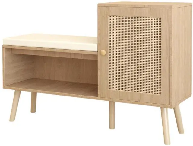 Main image of 2-in-1 Shoe Storage Bench, PP Rattan Shoe Cabinet with 2 Adjustable Shelves and Removable Seat Cushion, Modern Entryway Bench, Shoe Storage Organizer, Shoe Rack for Hallway, Bedroom