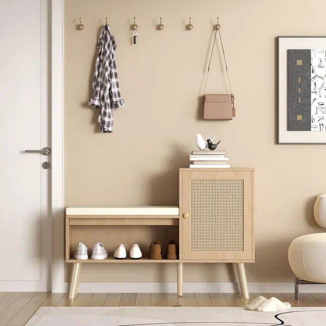 Alt view image 2 of 7 - 2-in-1 Shoe Storage Bench, PP Rattan Shoe Cabinet with 2 Adjustable Shelves and Removable Seat Cushion, Modern Entryway Bench, Shoe Storage Organizer, Shoe Rack for Hallway, Bedroom