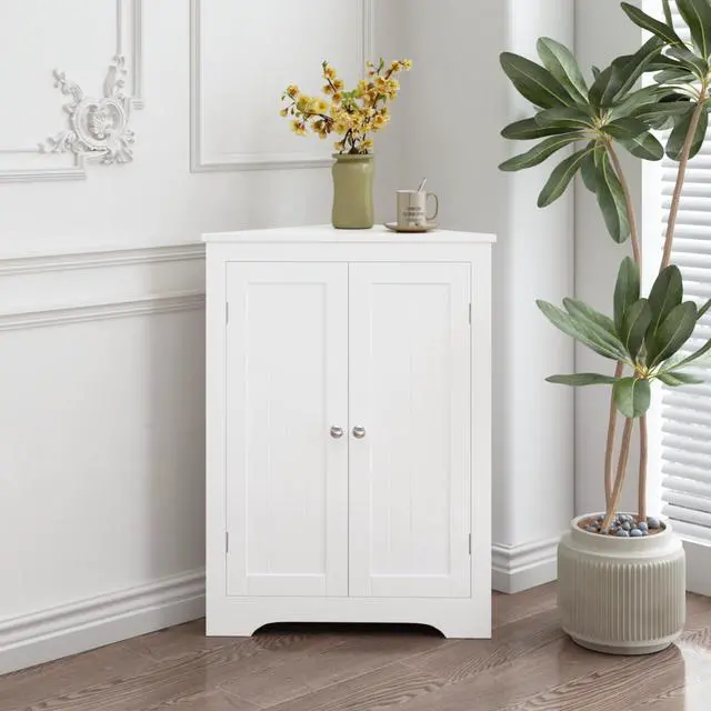 Alt view image 7 of 7 - Floor Corner Cabinet with 2 Doors and Adjustable Shelves, Freestanding Narrow Cabinet Organizer, Corner Storage Cabinets for Bathroom, Kitchen, Living Room, or Bedroom, White