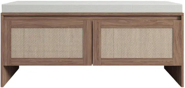 Main image of PP Rattan Storage Bench with Cushion, Faux Rattan Shoe Cabinet with 2 Doors, Mid-Century Modern Wood Entryway Seat, for Bedroom, Hallway, Mudroom, Natural Finish