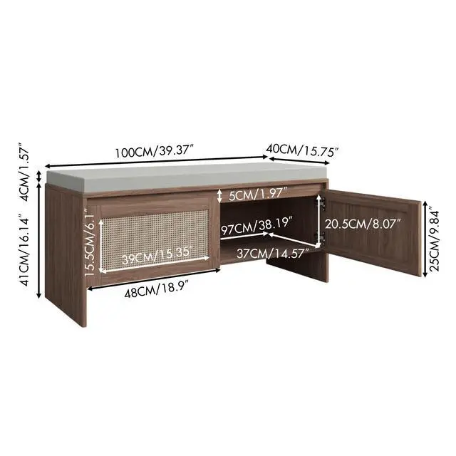 Alt view image 3 of 7 - PP Rattan Storage Bench with Cushion, Faux Rattan Shoe Cabinet with 2 Doors, Mid-Century Modern Wood Entryway Seat, for Bedroom, Hallway, Mudroom, Natural Finish