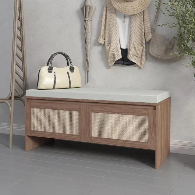 Alt view image 2 of 7 - PP Rattan Storage Bench with Cushion, Faux Rattan Shoe Cabinet with 2 Doors, Mid-Century Modern Wood Entryway Seat, for Bedroom, Hallway, Mudroom, Natural Finish