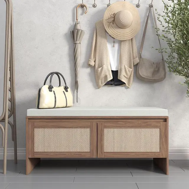 Alt view image 4 of 7 - PP Rattan Storage Bench with Cushion, Faux Rattan Shoe Cabinet with 2 Doors, Mid-Century Modern Wood Entryway Seat, for Bedroom, Hallway, Mudroom, Natural Finish