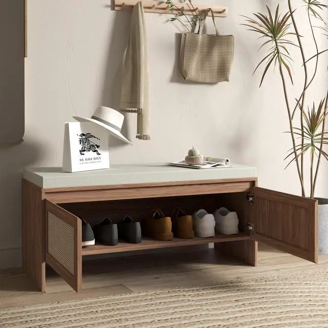 Alt view image 7 of 7 - PP Rattan Storage Bench with Cushion, Faux Rattan Shoe Cabinet with 2 Doors, Mid-Century Modern Wood Entryway Seat, for Bedroom, Hallway, Mudroom, Natural Finish