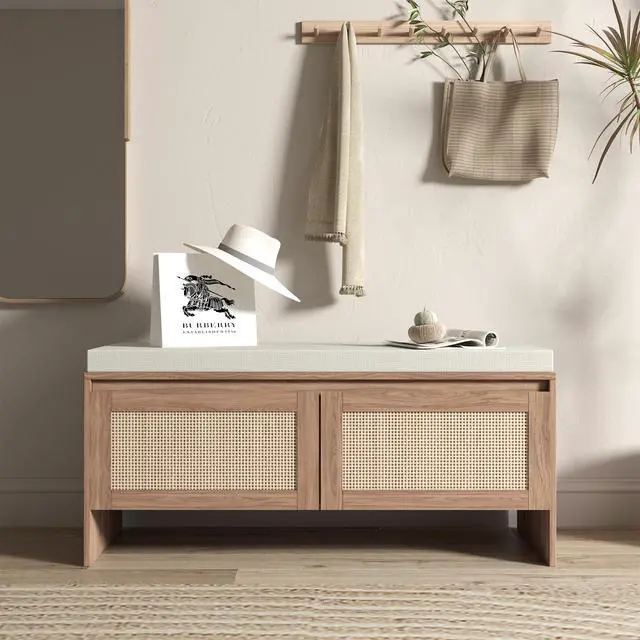 Alt view image 6 of 7 - PP Rattan Storage Bench with Cushion, Faux Rattan Shoe Cabinet with 2 Doors, Mid-Century Modern Wood Entryway Seat, for Bedroom, Hallway, Mudroom, Natural Finish