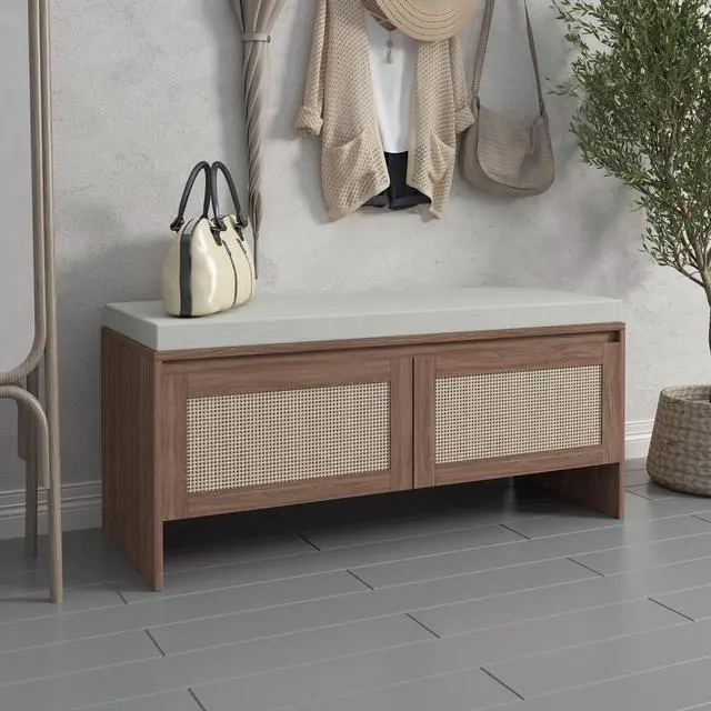 Alt view image 5 of 7 - PP Rattan Storage Bench with Cushion, Faux Rattan Shoe Cabinet with 2 Doors, Mid-Century Modern Wood Entryway Seat, for Bedroom, Hallway, Mudroom, Natural Finish