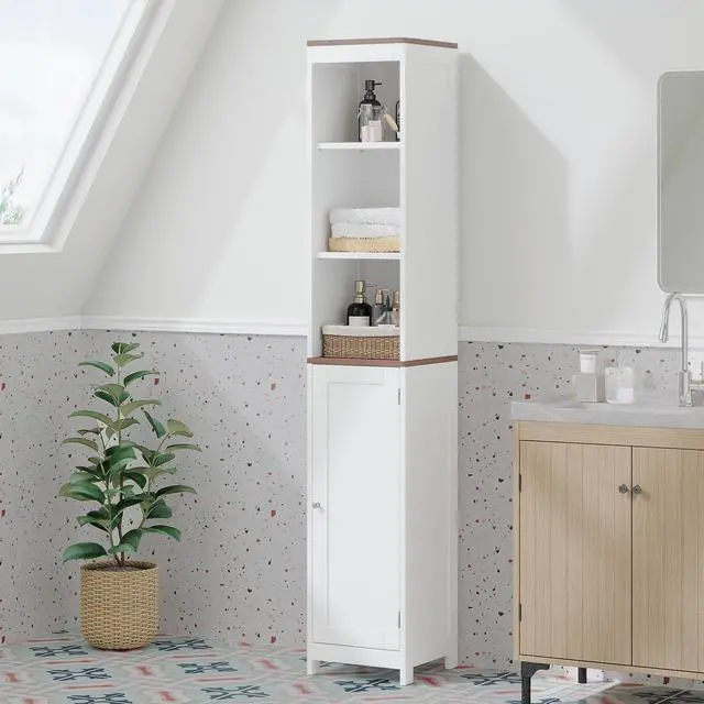 Main image of Tall Bathroom Storage Cabinet with Reversible Door, Freestanding Linen Tower with Open Shelves and Enclosed Cabinet, Narrow Floor Cabinet Organizer for Bathroom, Laundry Room or Small Spaces White