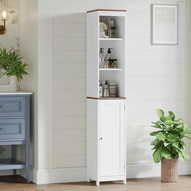 Alt view image 2 of 7 - Tall Bathroom Storage Cabinet with Reversible Door, Freestanding Linen Tower with Open Shelves and Enclosed Cabinet, Narrow Floor Cabinet Organizer for Bathroom, Laundry Room or Small Spaces White