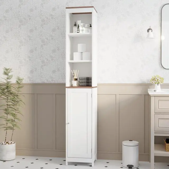 Alt view image 4 of 7 - Tall Bathroom Storage Cabinet with Reversible Door, Freestanding Linen Tower with Open Shelves and Enclosed Cabinet, Narrow Floor Cabinet Organizer for Bathroom, Laundry Room or Small Spaces White