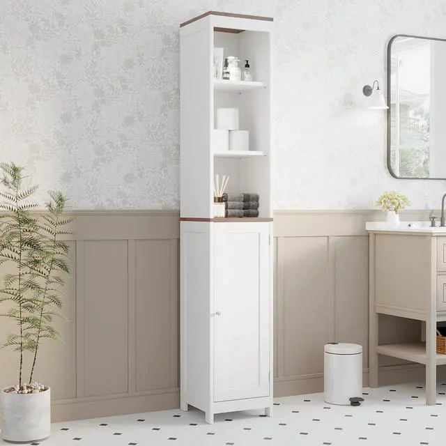 Alt view image 3 of 7 - Tall Bathroom Storage Cabinet with Reversible Door, Freestanding Linen Tower with Open Shelves and Enclosed Cabinet, Narrow Floor Cabinet Organizer for Bathroom, Laundry Room or Small Spaces White