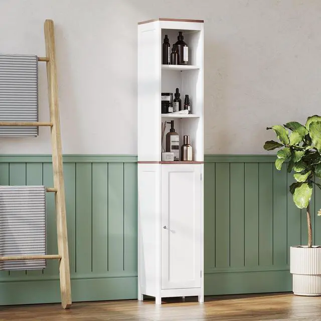 Alt view image 6 of 7 - Tall Bathroom Storage Cabinet with Reversible Door, Freestanding Linen Tower with Open Shelves and Enclosed Cabinet, Narrow Floor Cabinet Organizer for Bathroom, Laundry Room or Small Spaces White