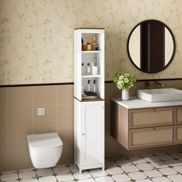 Alt view image 7 of 7 - Tall Bathroom Storage Cabinet with Reversible Door, Freestanding Linen Tower with Open Shelves and Enclosed Cabinet, Narrow Floor Cabinet Organizer for Bathroom, Laundry Room or Small Spaces White