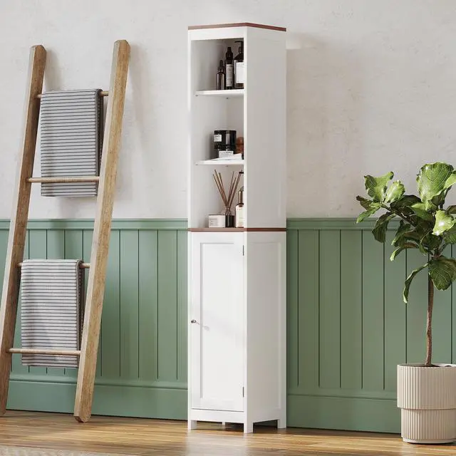 Alt view image 5 of 7 - Tall Bathroom Storage Cabinet with Reversible Door, Freestanding Linen Tower with Open Shelves and Enclosed Cabinet, Narrow Floor Cabinet Organizer for Bathroom, Laundry Room or Small Spaces White