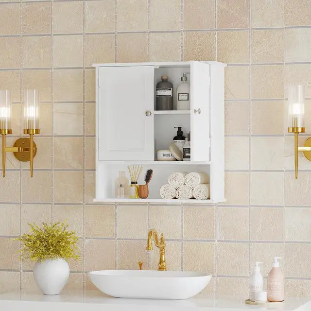 Alt view image 3 of 7 - Bathroom Wall Cabinet with Door, Over Toilet Storage Cabinet with and Adjustable Shelves, 3-Tier Medicine Cabinet Wall Mounted, for Bathroom, Kitchen, Entryway, Laundry Room, White