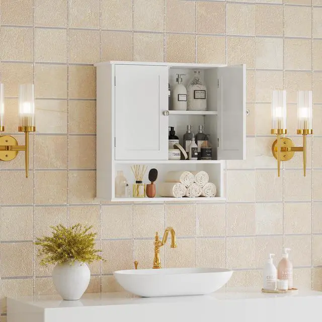 Main image of Bathroom Wall Cabinet with Door, Over Toilet Storage Cabinet with and Adjustable Shelves, 3-Tier Medicine Cabinet Wall Mounted, for Bathroom, Kitchen, Entryway, Laundry Room, White
