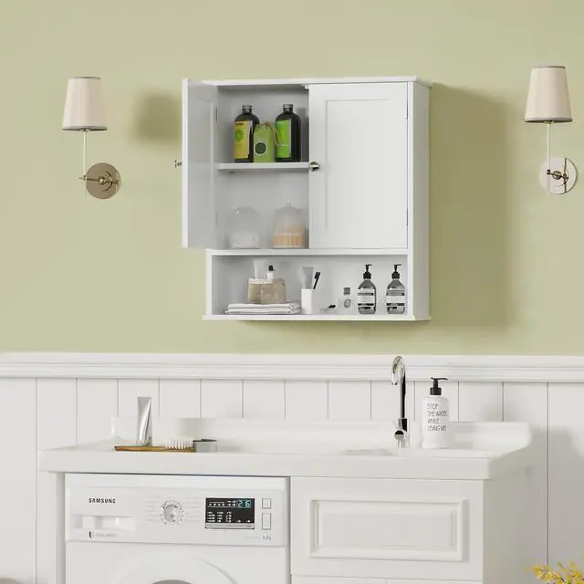 Alt view image 5 of 7 - Bathroom Wall Cabinet with Door, Over Toilet Storage Cabinet with and Adjustable Shelves, 3-Tier Medicine Cabinet Wall Mounted, for Bathroom, Kitchen, Entryway, Laundry Room, White