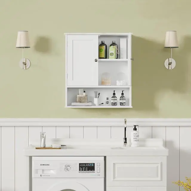 Alt view image 7 of 7 - Bathroom Wall Cabinet with Door, Over Toilet Storage Cabinet with and Adjustable Shelves, 3-Tier Medicine Cabinet Wall Mounted, for Bathroom, Kitchen, Entryway, Laundry Room, White