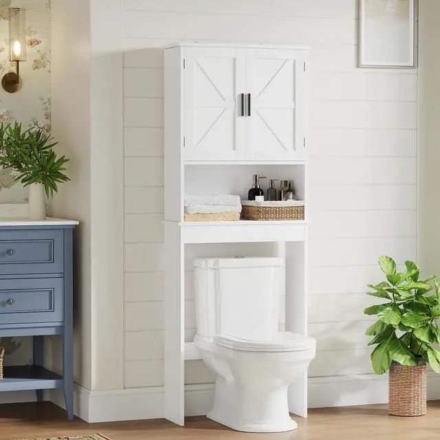 Main image of Over The Toilet Storage Cabinet with Adjustable Shelf, Bathroom Space Saver Organizer with Double Doors and Open Shelf, Freestanding Toilet Rack for Small Bathroom White