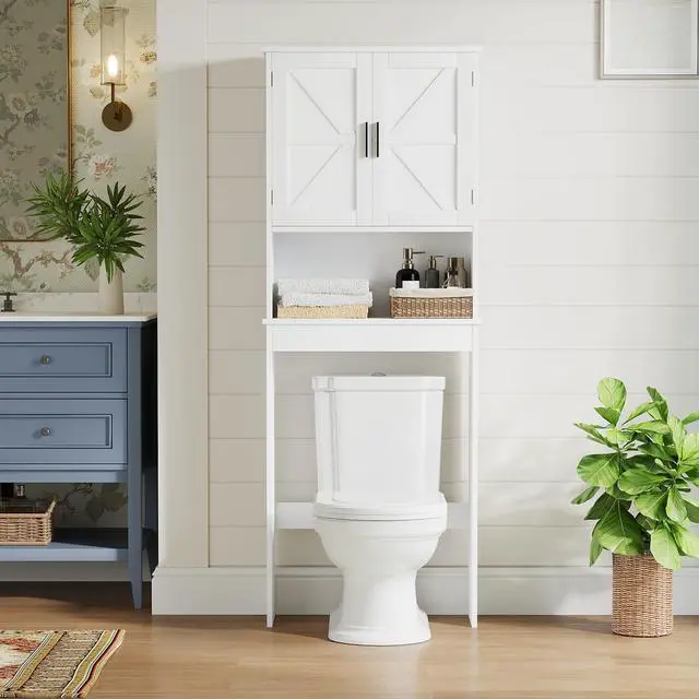 Alt view image 2 of 7 - Over The Toilet Storage Cabinet with Adjustable Shelf, Bathroom Space Saver Organizer with Double Doors and Open Shelf, Freestanding Toilet Rack for Small Bathroom White