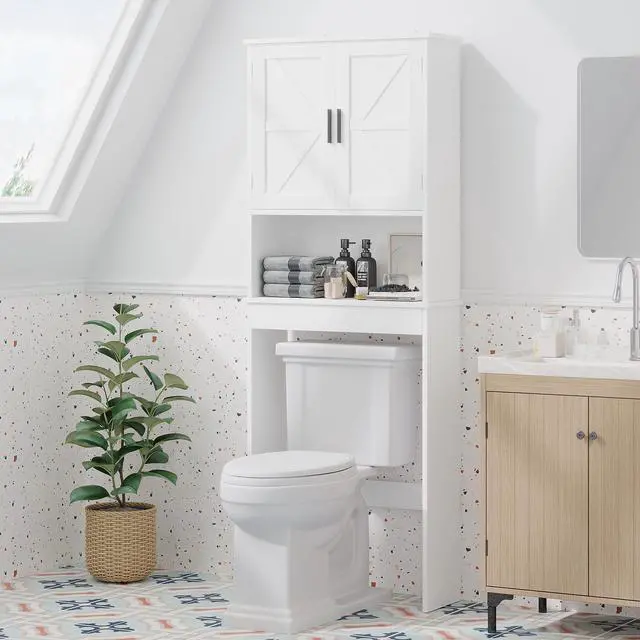 Alt view image 6 of 7 - Over The Toilet Storage Cabinet with Adjustable Shelf, Bathroom Space Saver Organizer with Double Doors and Open Shelf, Freestanding Toilet Rack for Small Bathroom White