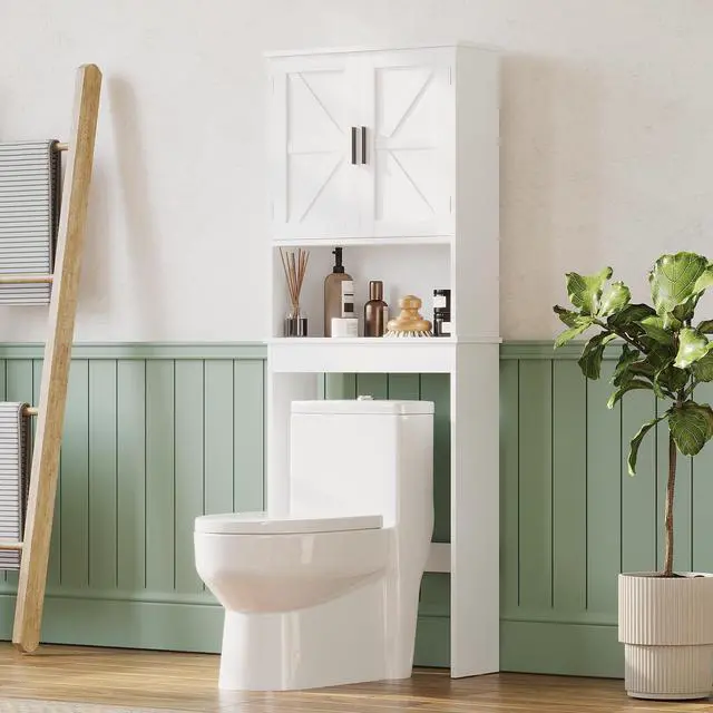 Alt view image 5 of 7 - Over The Toilet Storage Cabinet with Adjustable Shelf, Bathroom Space Saver Organizer with Double Doors and Open Shelf, Freestanding Toilet Rack for Small Bathroom White