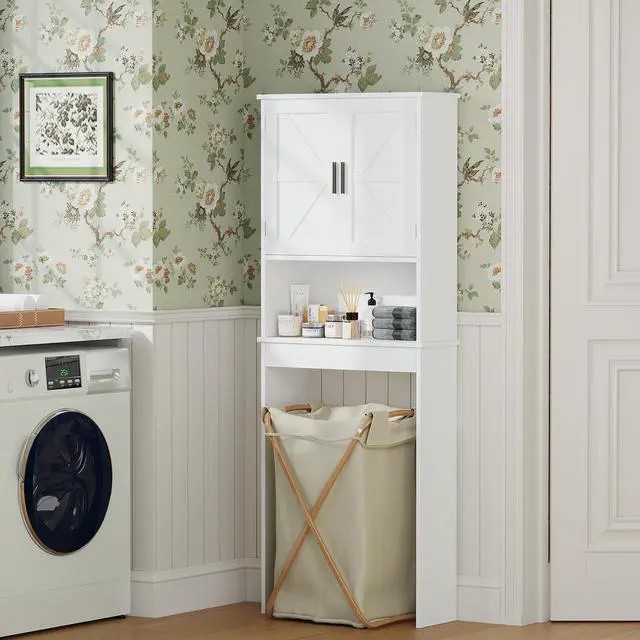 Alt view image 4 of 7 - Over The Toilet Storage Cabinet with Adjustable Shelf, Bathroom Space Saver Organizer with Double Doors and Open Shelf, Freestanding Toilet Rack for Small Bathroom White
