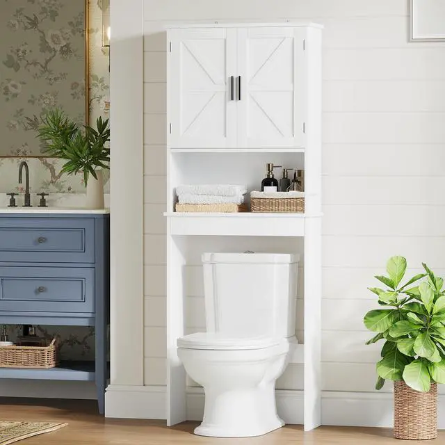 Alt view image 3 of 7 - Over The Toilet Storage Cabinet with Adjustable Shelf, Bathroom Space Saver Organizer with Double Doors and Open Shelf, Freestanding Toilet Rack for Small Bathroom White