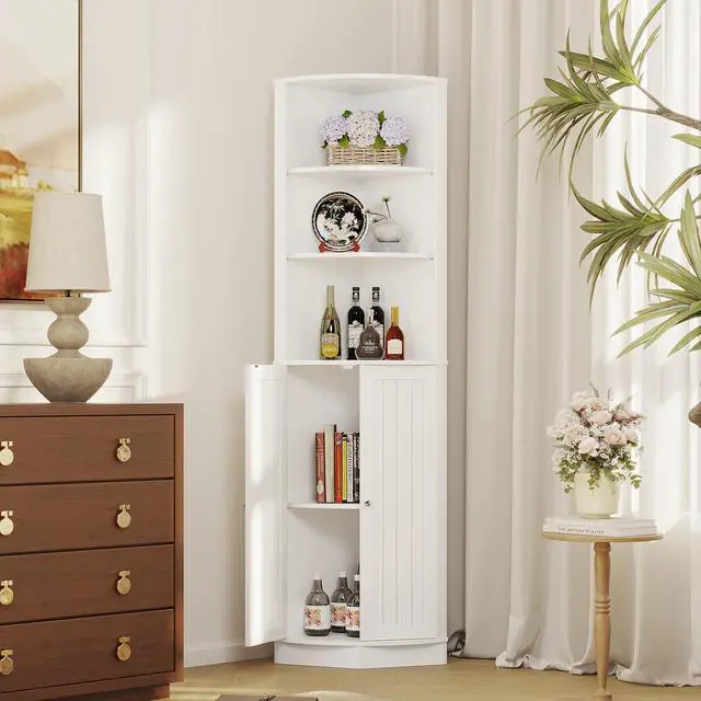 Alt view image 2 of 7 - 67" Tall Corner Cabinet with 2 Doors and Adjustable Shelves, Narrow Freestanding Storage Cabinet Organizer, Corner Storage Cabinets for Bathroom, Kitchen, Living Room, Bedroom, Laundry Room, White